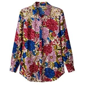FIGUEROA & FLOWER Women's Floral Print Button Up Shirt L Roll Sleeves NEW